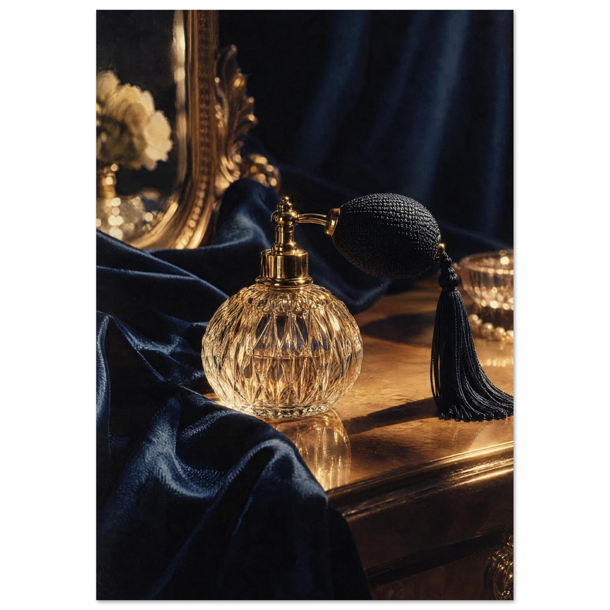 Faceted glass perfume bottle with black bulb and tassel on a golden tabletop beside navy drapery and an ornate mirror.