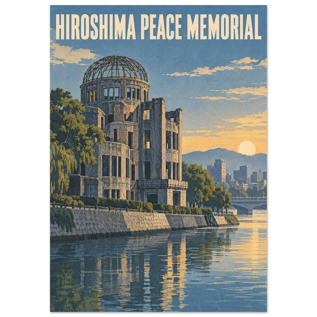 Hiroshima Peace Memorial beside a river, with trees, a low golden sun and cream lettering across a blue sky.