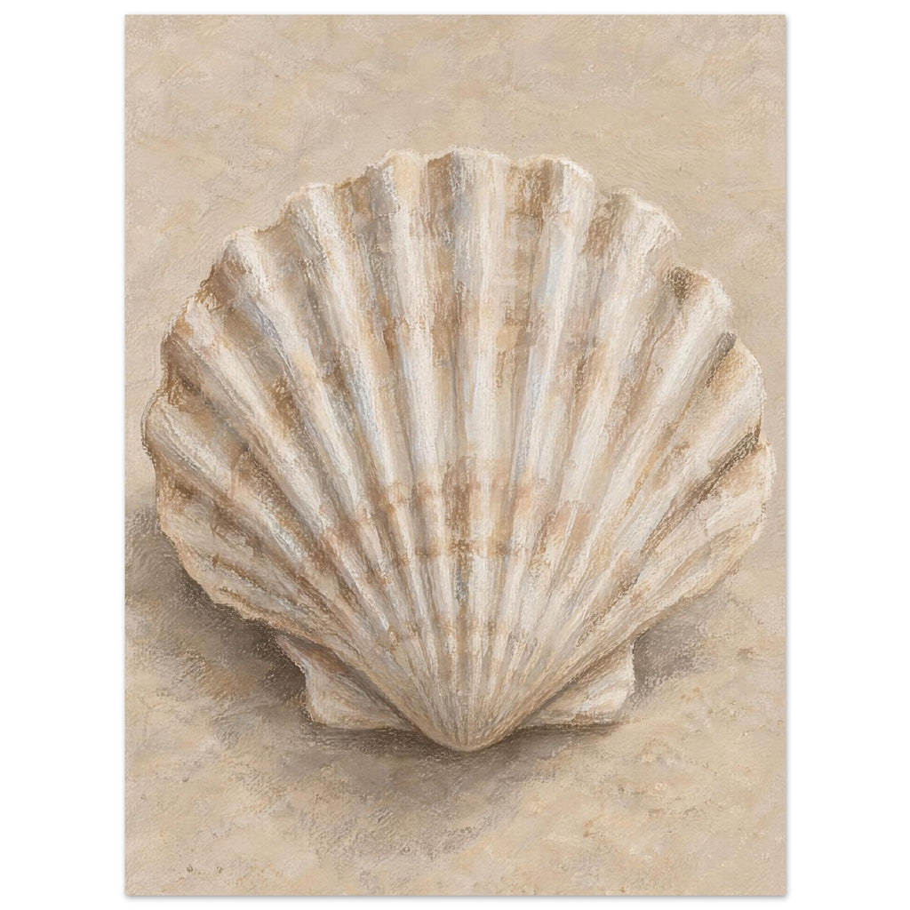 Fan-shaped scallop shell with cream ridges and brown shading on a softly textured beige background.