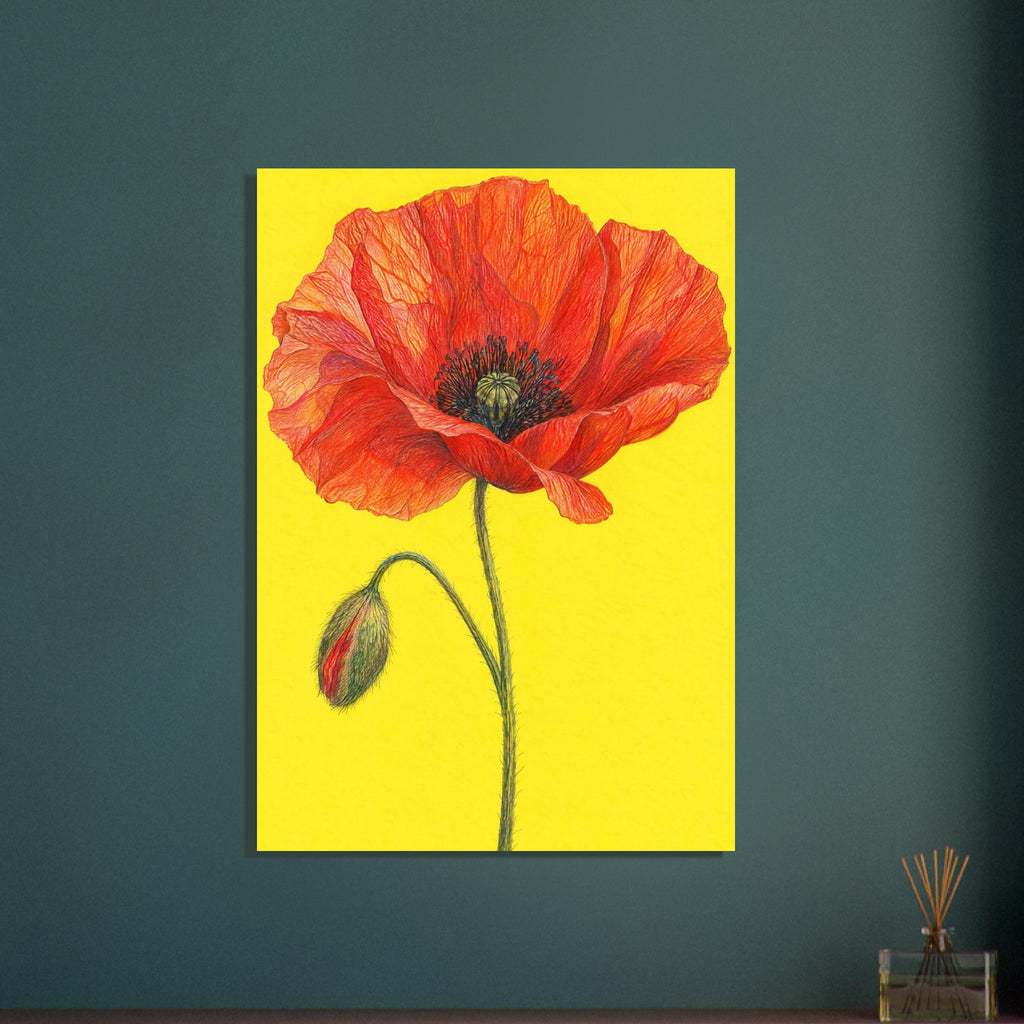 Red-orange poppy with finely lined petals, a green stem and drooping bud against a bright yellow background.