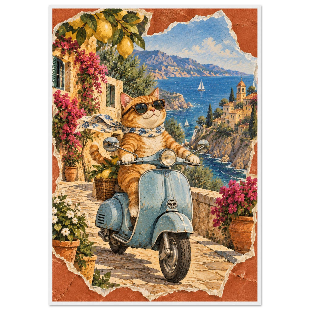 Orange cat in sunglasses and a scarf on a blue scooter, with lemons, flowers, coastal buildings and sailboats behind.