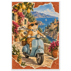 Orange cat in sunglasses and a scarf on a blue scooter, with lemons, flowers, coastal buildings and sailboats behind.