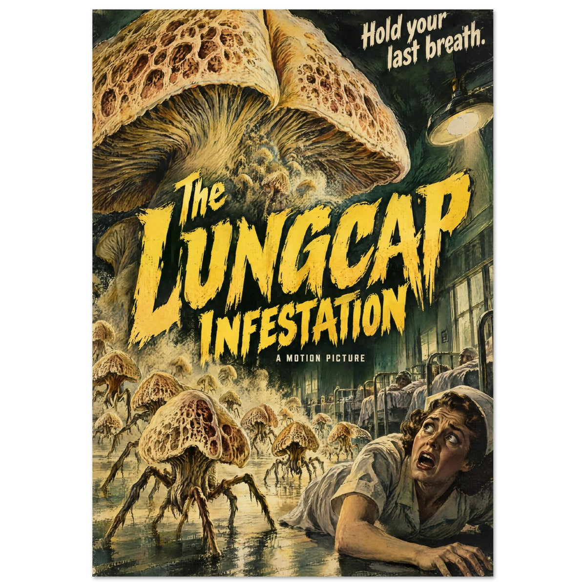 Giant mushroom monsters fill a hospital ward above a frightened figure, with yellow ‘The Lungcap Infestation’ lettering.