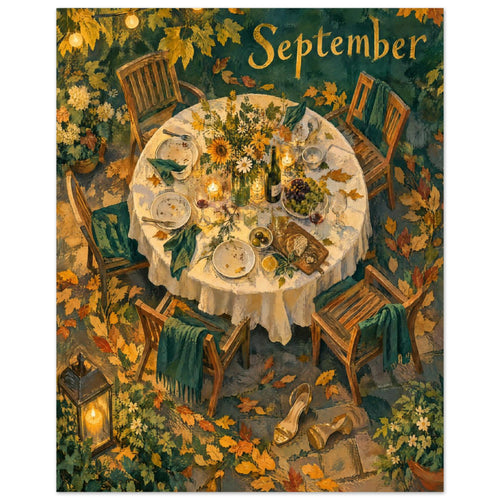 Autumn garden table set with flowers, bread and wine, surrounded by wooden chairs, golden leaves and September lettering.