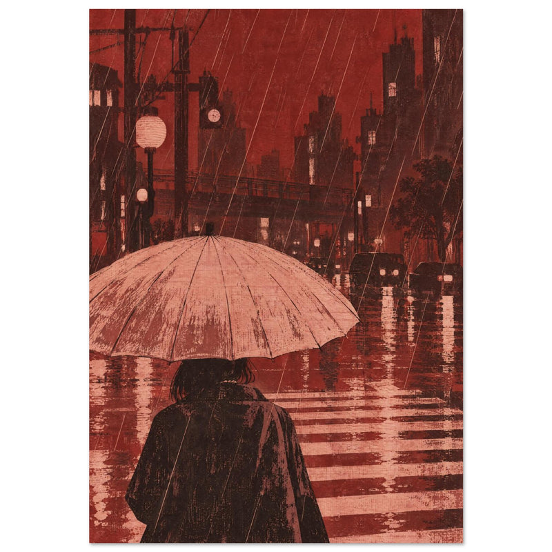 Rainy City Street Red Art Print