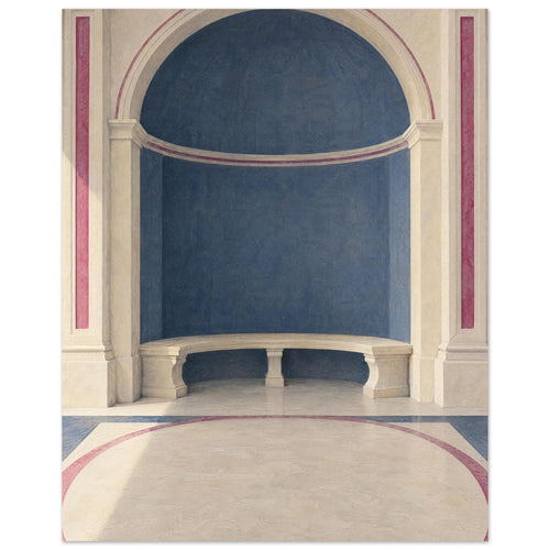 Blue arched alcove with a curved cream stone bench, classical columns and rose-coloured borders across the floor.