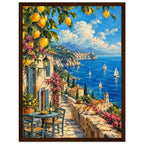 Lemon branches above a seaside terrace with a table, chairs and resting cat, overlooking sailboats and a coastal village.