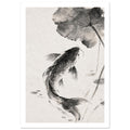 Carp with flowing fins curves beneath a broad veined leaf, rendered in black and grey washes on a warm ivory background.