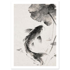 Carp with flowing fins curves beneath a broad veined leaf, rendered in black and grey washes on a warm ivory background.