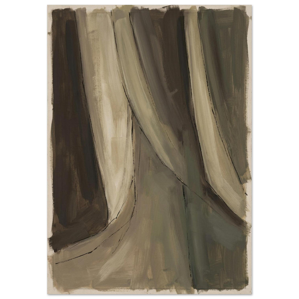 Sweeping beige and muted olive brushstrokes over dark brown areas, with thin dark lines and an uneven pale border.