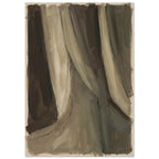 Sweeping beige and muted olive brushstrokes over dark brown areas, with thin dark lines and an uneven pale border.