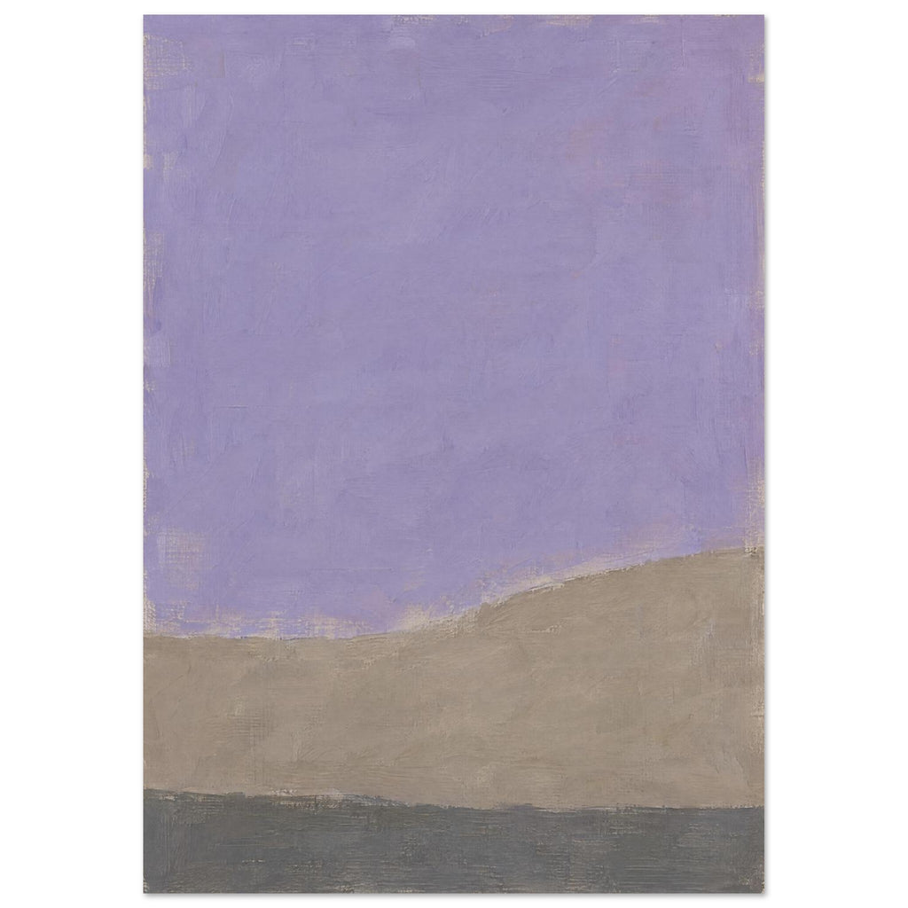 Lilac abstract colour field above uneven taupe and charcoal-grey bands, with visible brush marks and a narrow beige edge.