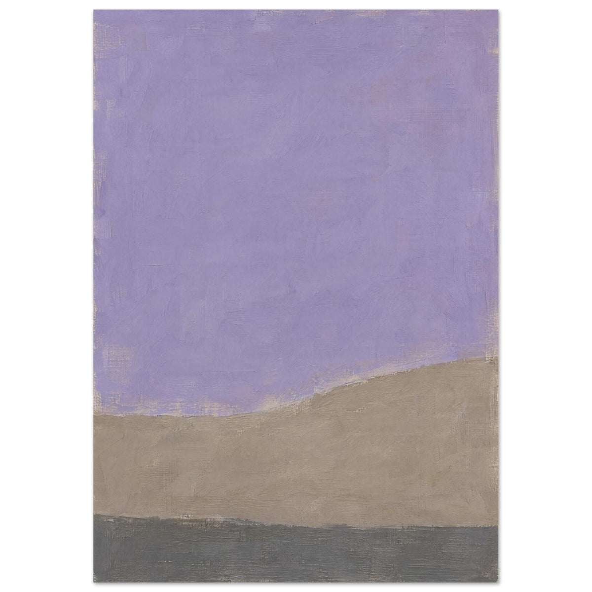 Lilac abstract colour field above uneven taupe and charcoal-grey bands, with visible brush marks and a narrow beige edge.