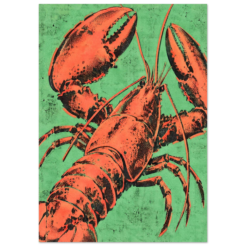 Orange lobster with raised claws, long antennae and textured black shading against a distressed green background.