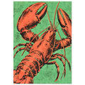 Orange lobster with raised claws, long antennae and textured black shading against a distressed green background.