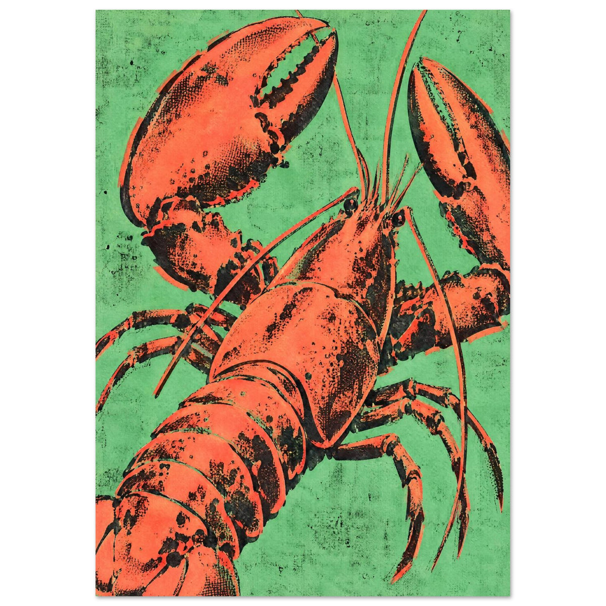 Orange lobster with raised claws, long antennae and textured black shading against a distressed green background.