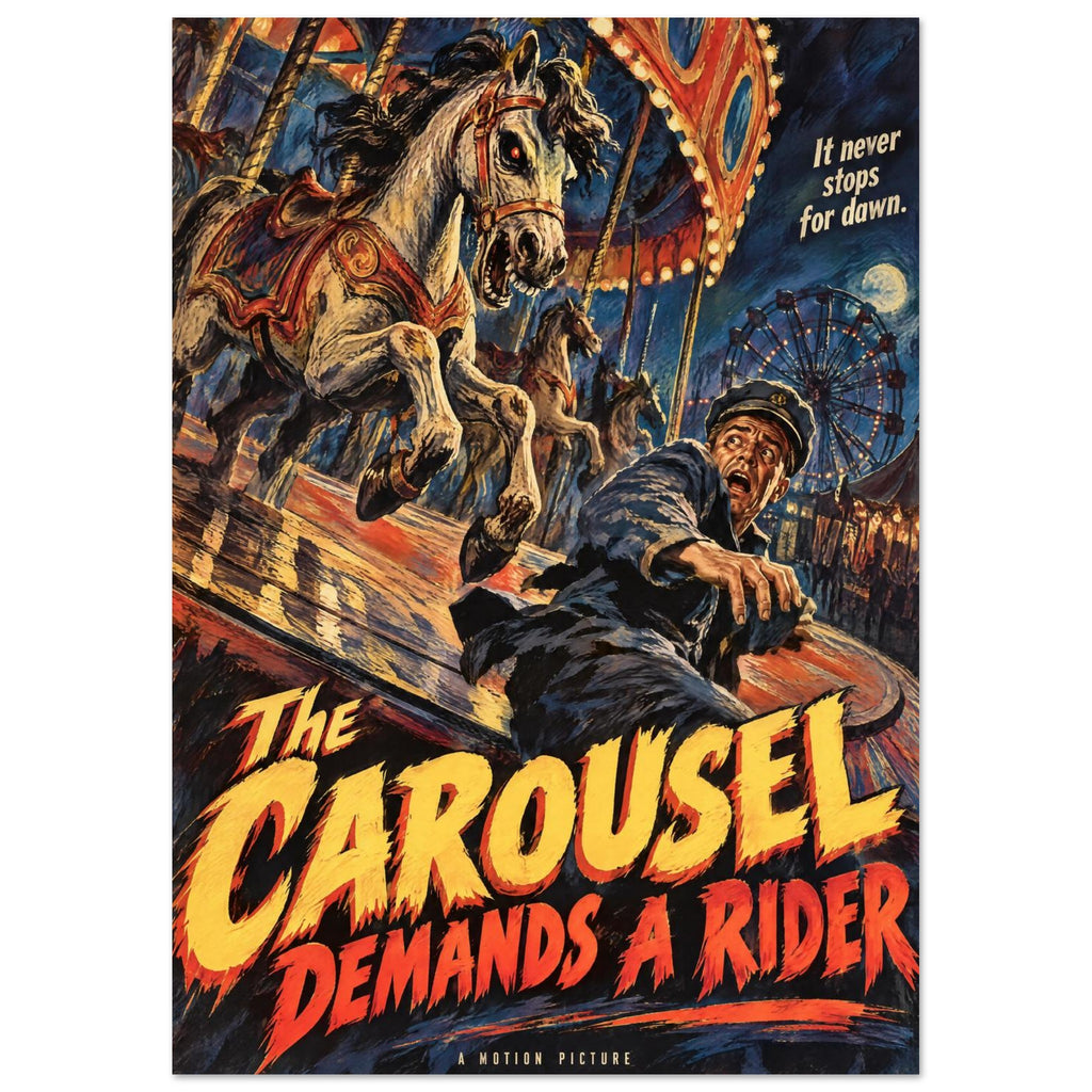 Snarling carousel horse above a terrified man, with a Ferris wheel and bold lettering reading The Carousel Demands a Rider.
