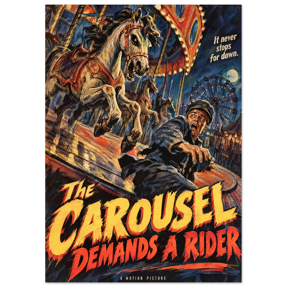 Snarling carousel horse above a terrified man, with a Ferris wheel and bold lettering reading The Carousel Demands a Rider.