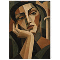 Cubist portrait of a dark-haired figure resting their chin in one hand, painted in beige, brown and deep olive.