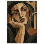 Cubist portrait of a dark-haired figure resting their chin in one hand, painted in beige, brown and deep olive.