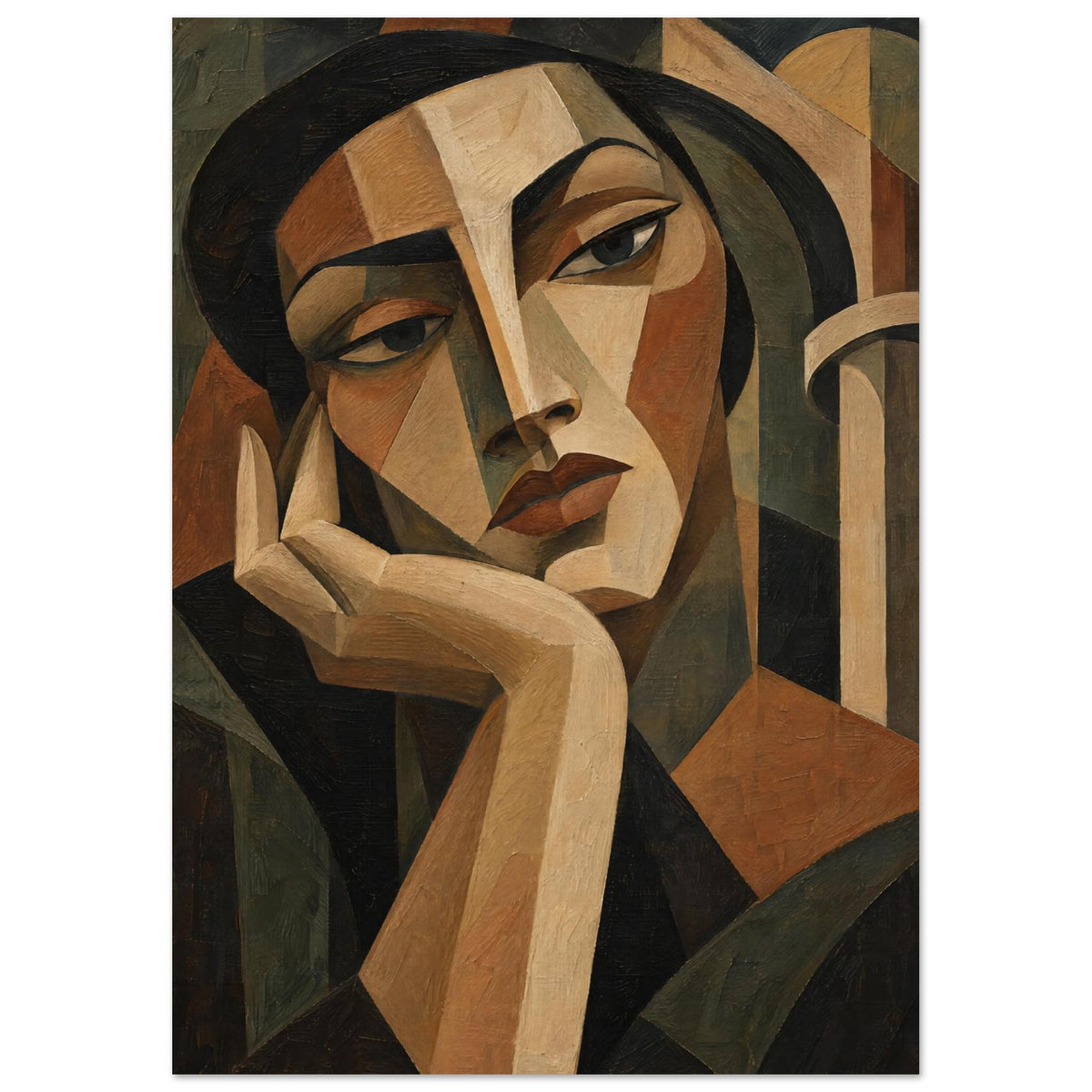 Cubist portrait of a dark-haired figure resting their chin in one hand, painted in beige, brown and deep olive.