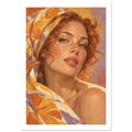 Freckled woman with copper curls and green eyes wearing an orange, yellow, cream and lilac floral headscarf.