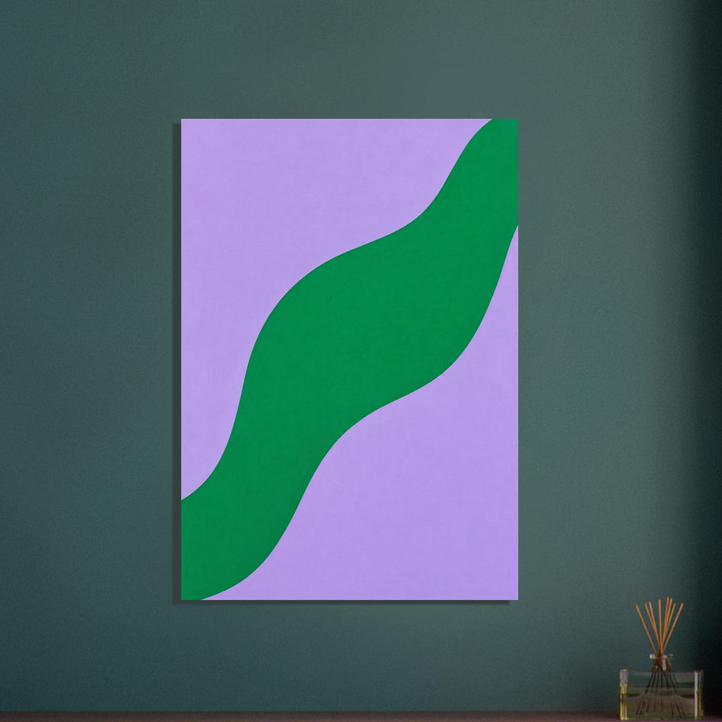 Broad green wave curving diagonally from bottom left to top right across a lilac background with subtle texture.