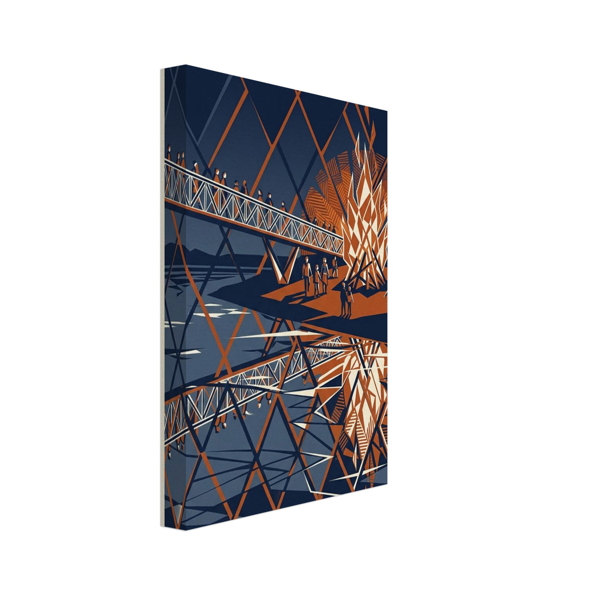 Riverside bonfire beside a bridge with small figures, reflected in angular navy, orange and cream shapes on the water.