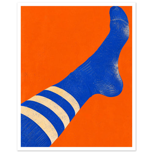 Blue sock with three cream stripes stretching diagonally across an orange background, with a distressed texture.