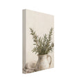 Rosemary sprigs in a mottled cream jug beside a striped cloth and loose stems, painted against a cream background.