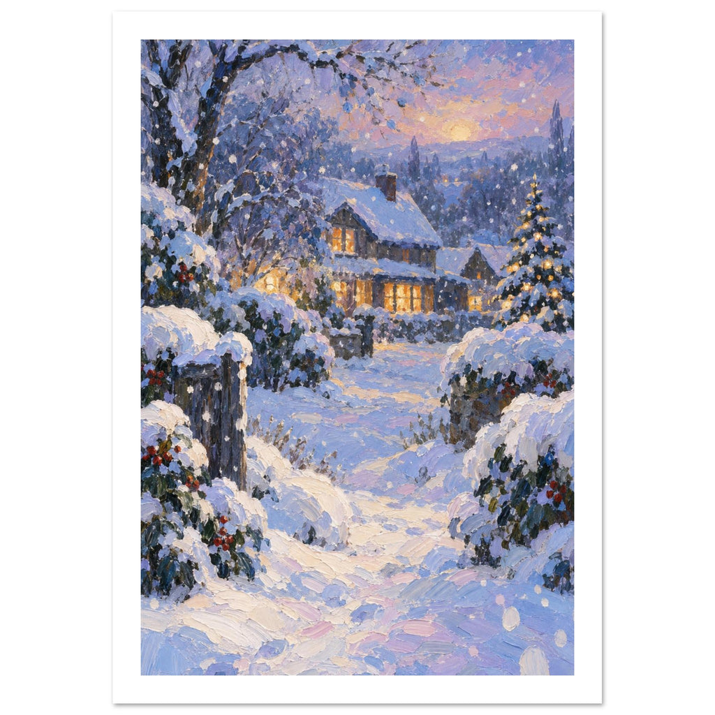 Snowy cottage with glowing windows, a winding path, snow-laden trees and falling flakes beneath a pink and blue sky.