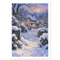 Snowy cottage with glowing windows, a winding path, snow-laden trees and falling flakes beneath a pink and blue sky.