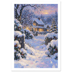 Snowy cottage with glowing windows, a winding path, snow-laden trees and falling flakes beneath a pink and blue sky.