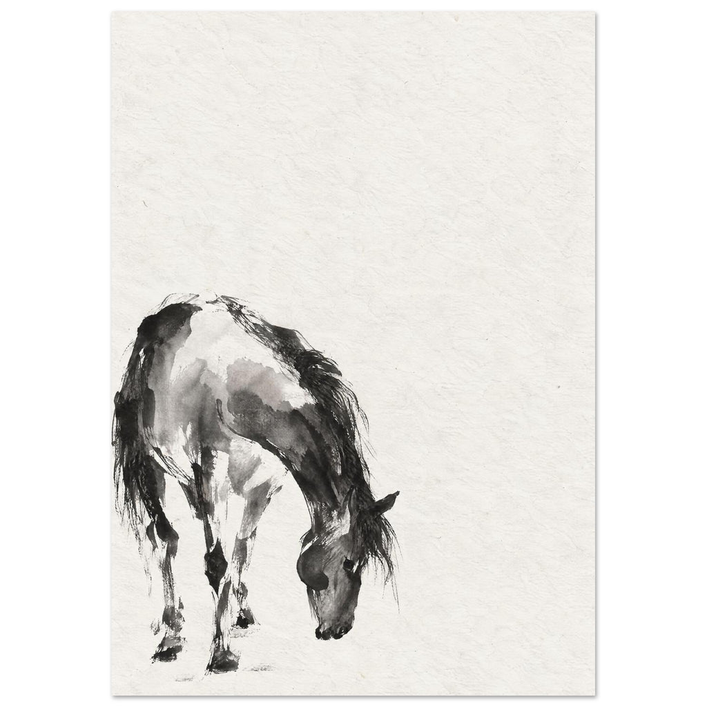 Horse with its head lowered, painted in black and grey washes at the lower left of a textured cream background.