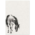 Horse with its head lowered, painted in black and grey washes at the lower left of a textured cream background.