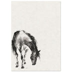 Horse with its head lowered, painted in black and grey washes at the lower left of a textured cream background.