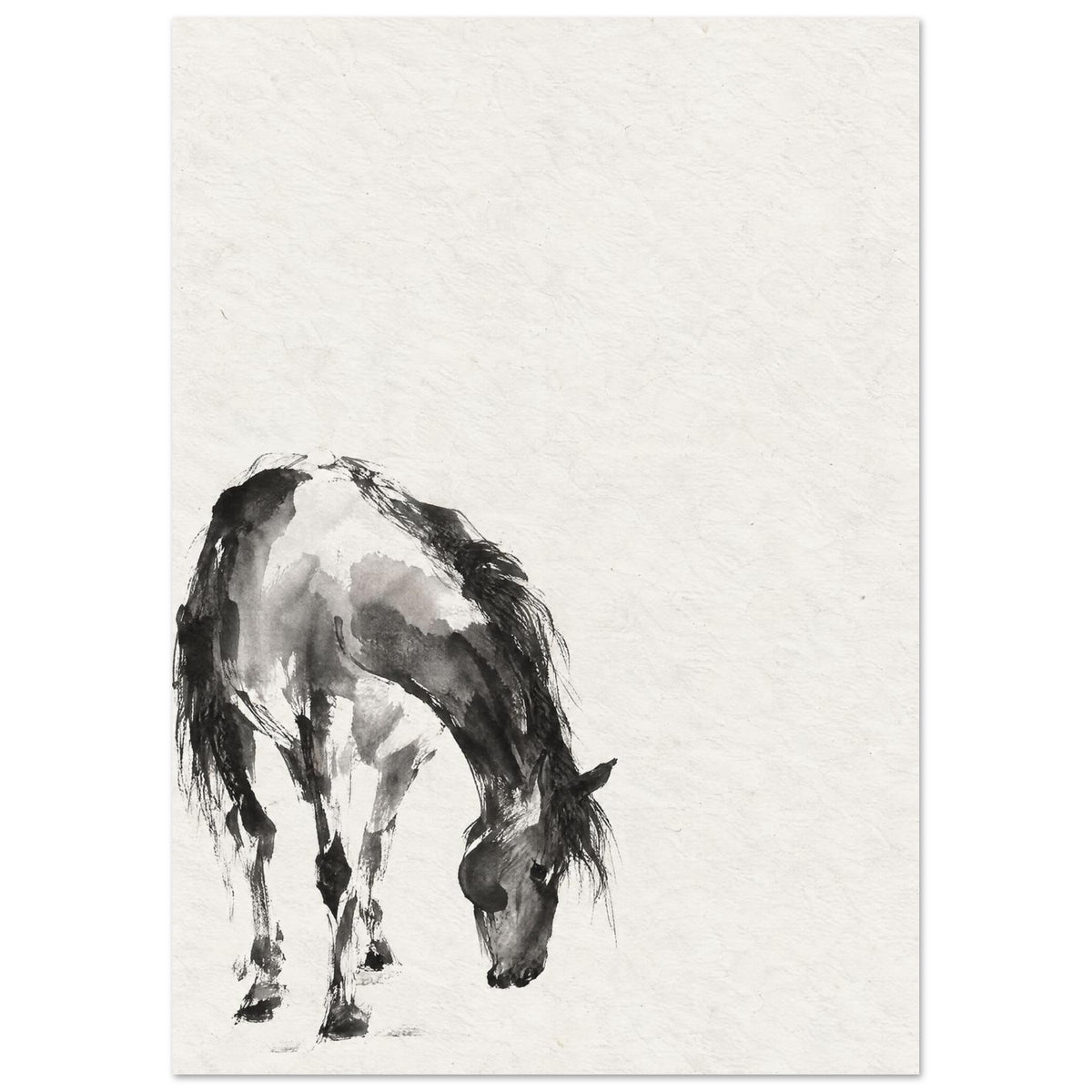 Horse with its head lowered, painted in black and grey washes at the lower left of a textured cream background.