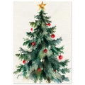 Watercolour Christmas tree with red baubles and a gold star, painted in loose green brushstrokes