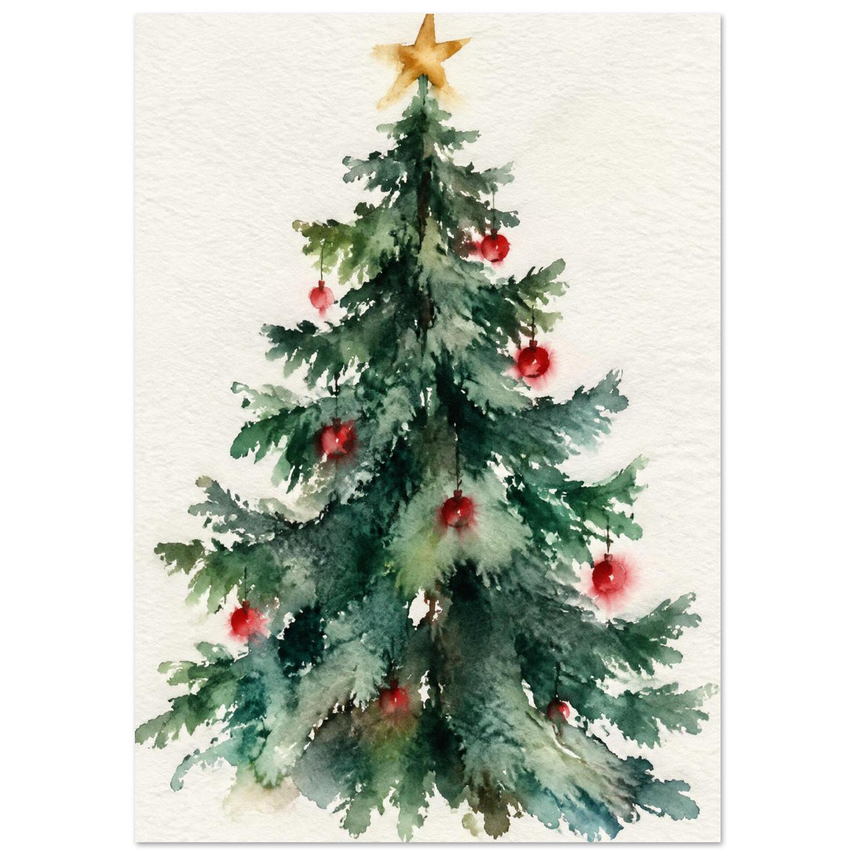 Watercolour Christmas tree with red baubles and a gold star, painted in loose green brushstrokes