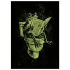 Green frog sitting on a toilet reading a newspaper, illustrated with etched-style lines on a textured black background.