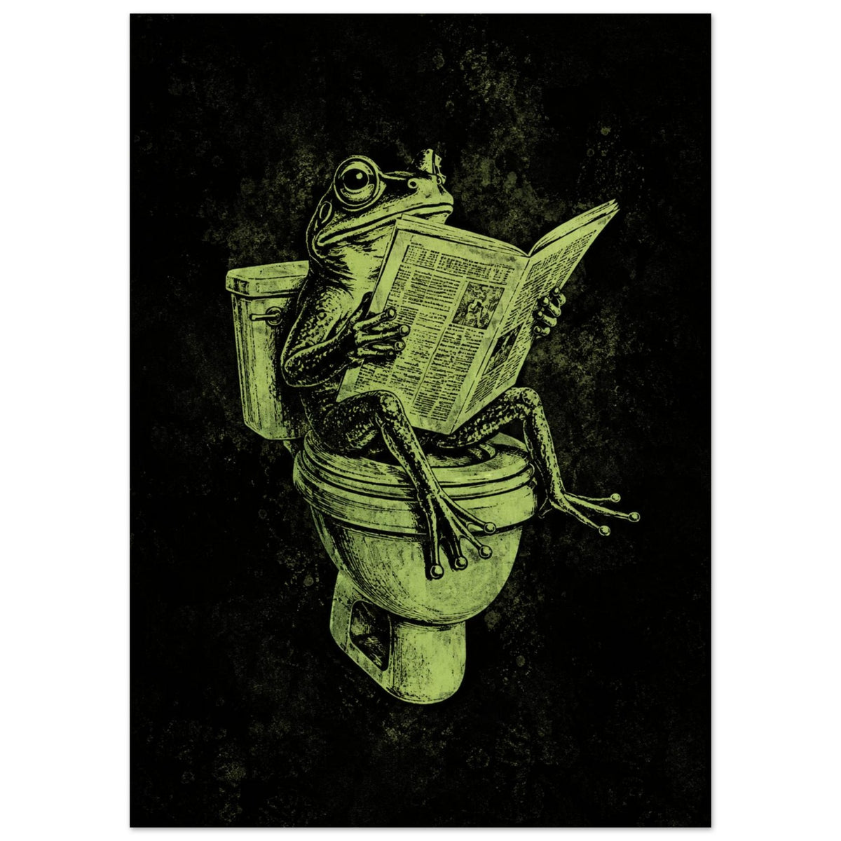 Green frog sitting on a toilet reading a newspaper, illustrated with etched-style lines on a textured black background.