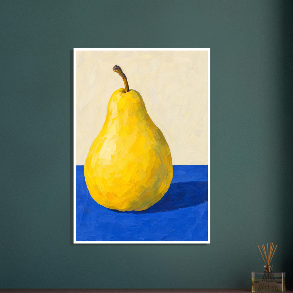 Yellow pear with a curved brown stem on a cobalt-blue tabletop, casting a dark shadow against a cream background.
