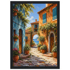 Coastal village lane with blue and orange buildings, potted flowers and a stone archway opening onto a sea view.