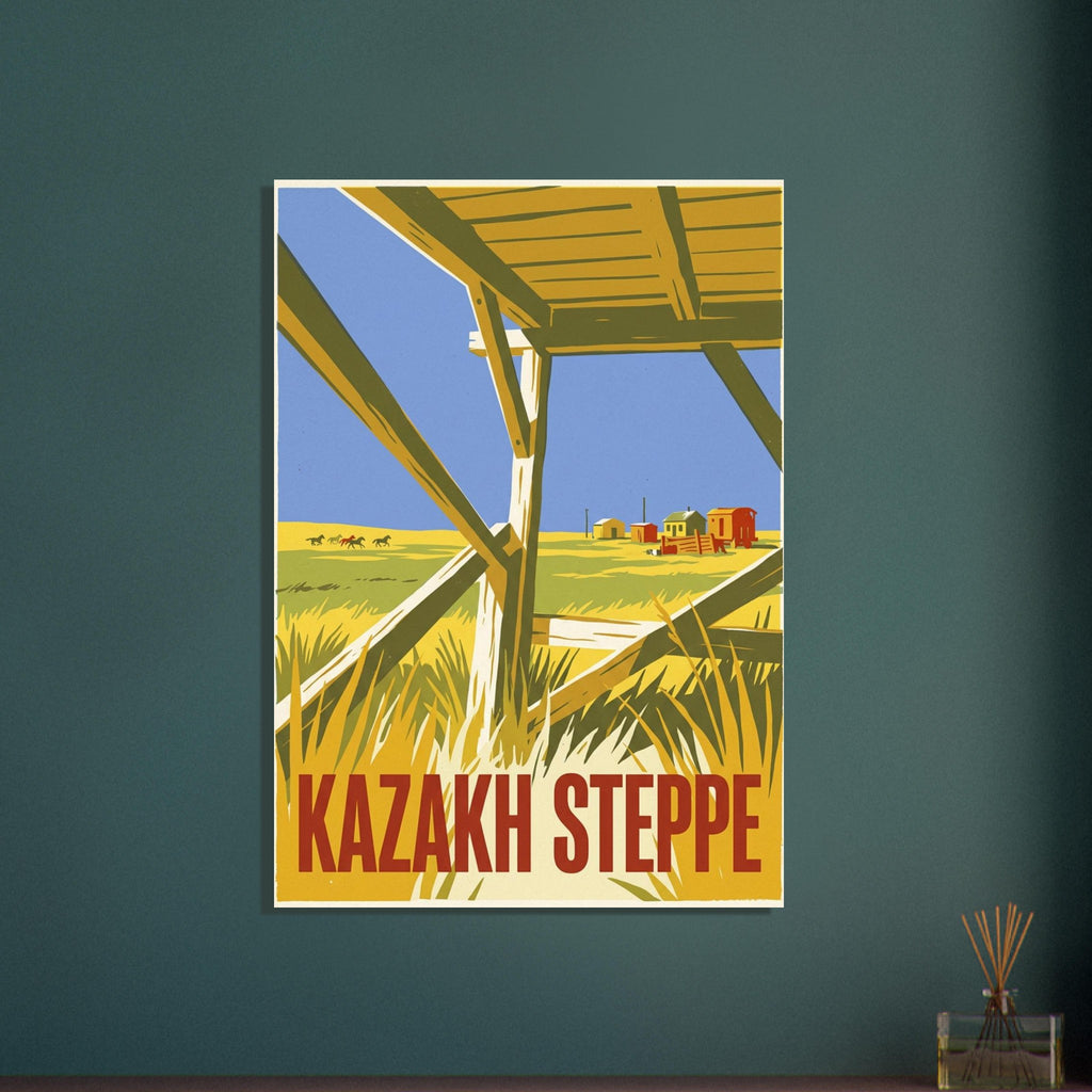 Kazakh Steppe poster with timber beams framing blue sky, yellow grassland, distant horses and buildings, and red lettering.