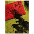 Red envelope reading “Tainted Love” with a heart wax seal, spilled black ink and an ink bottle on yellow-green.