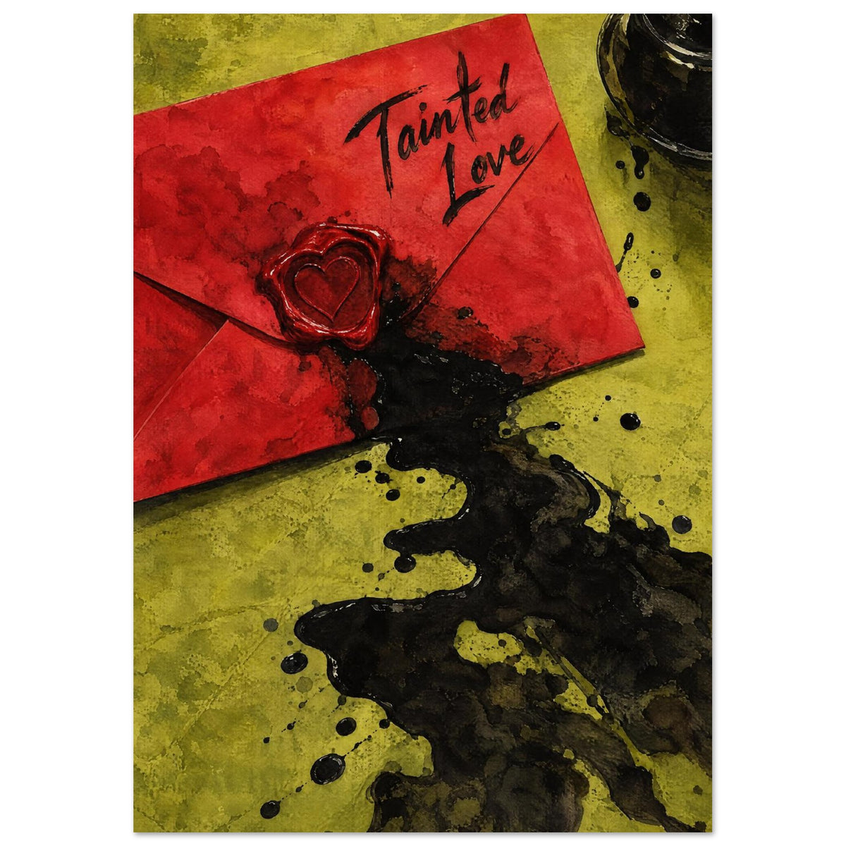 Red envelope reading “Tainted Love” with a heart wax seal, spilled black ink and an ink bottle on yellow-green.