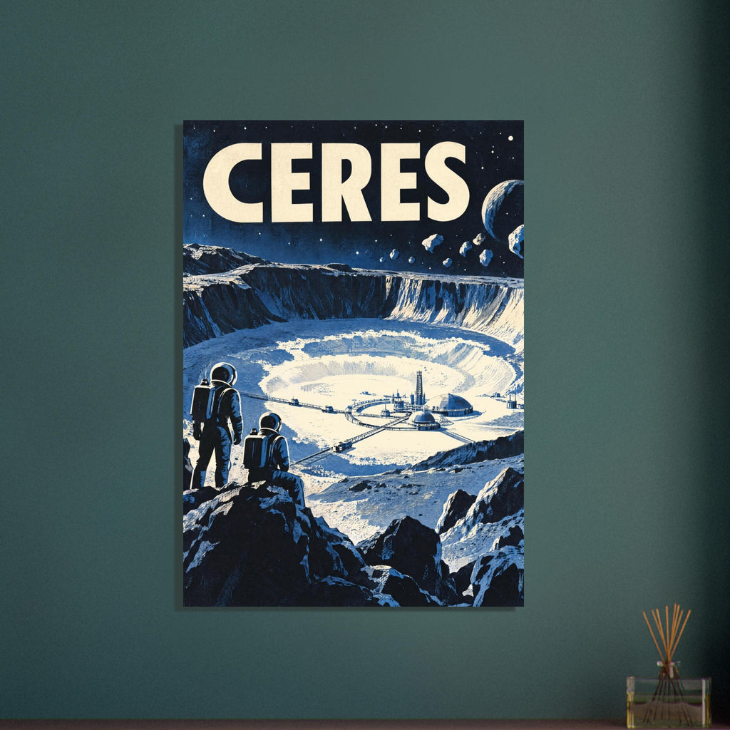 Two astronauts overlook a crater with domed buildings beneath large CERES lettering and a starry blue-black sky.