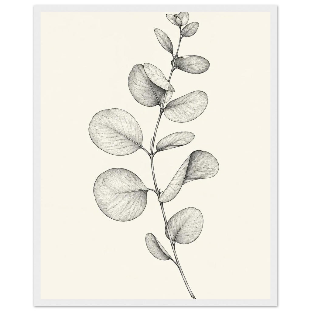 Eucalyptus stem with rounded, overlapping leaves drawn in fine black and grey lines on a plain cream background.