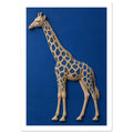 Beige giraffe with blue patches and a raised, sculptural appearance against a textured cobalt blue background.