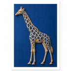 Beige giraffe with blue patches and a raised, sculptural appearance against a textured cobalt blue background.